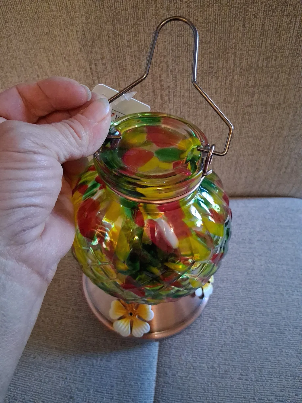 NWT Multicolor Glass Mosaic Hummingbird Feeder with 4 Stations